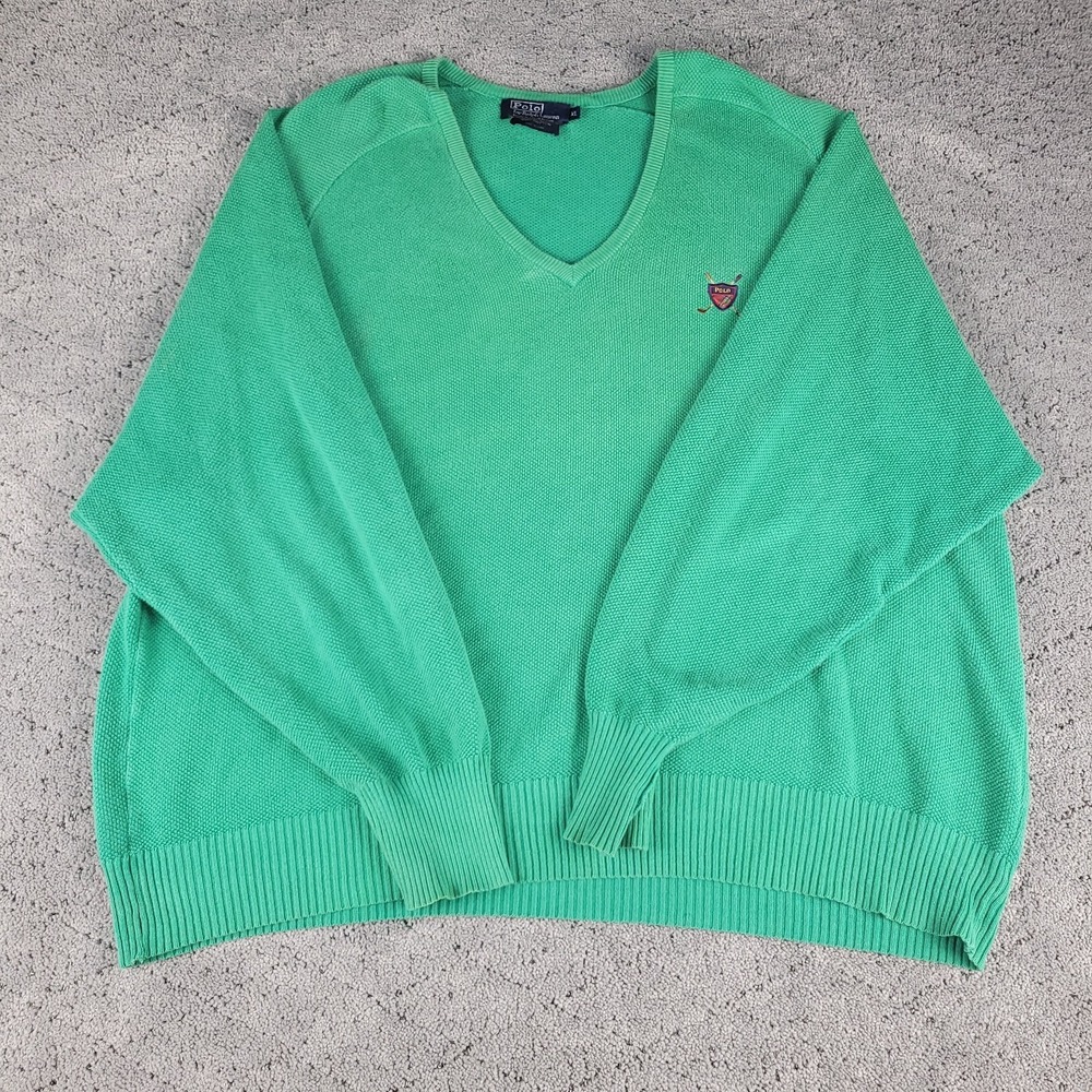 Polo Ralph Lauren Sweater Mens XL Green V Neck Crest Long Sleeve Knit Preppy